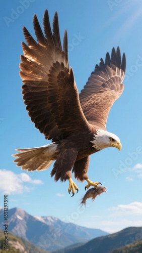 Bald Eagle in Flight with Prey, Against a Mountainous Sky