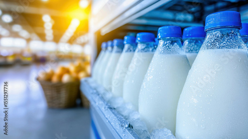 Fresh milk bottles lined up in supermarket display, chilled under bright lights with condensation, showcasing local dairy products for shoppers and families