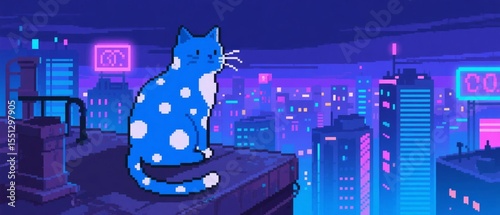 A blue polka-dotted cat perches on a ledge against a vibrant neon cityscape at night.
