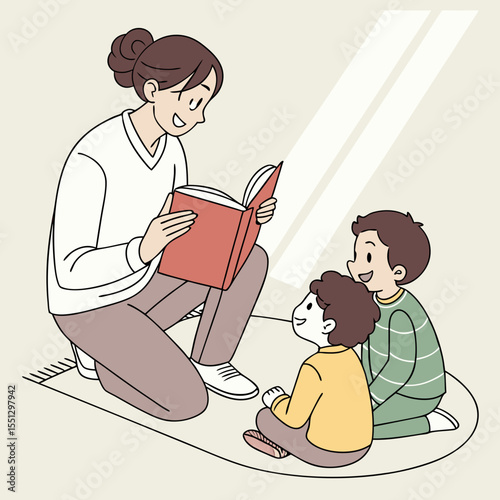A heartwarming cartoon scene: Reading time with a teacher and young students