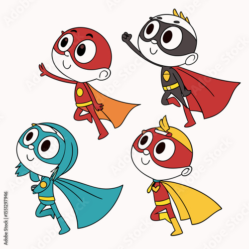 Cartoon superheroes fly together on a journey, embracing teamwork and colorful capes