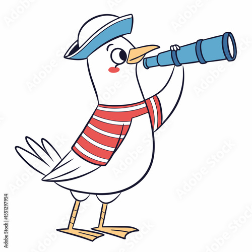 Cartoon seagull with telescope dressed as sailor exploring distant horizon
