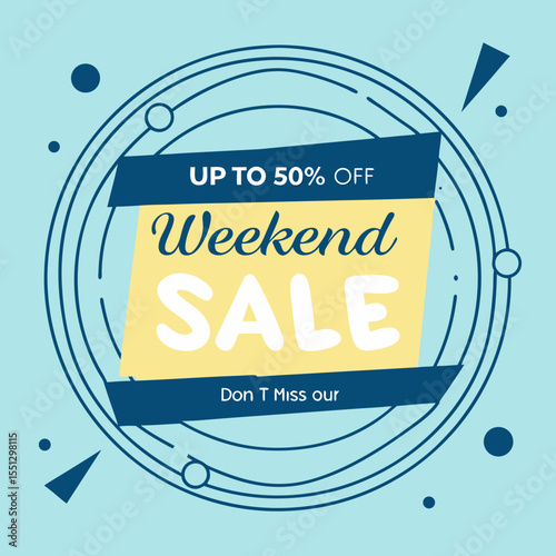 Vibrant geometric weekend sale advertisement with promotional discounts available