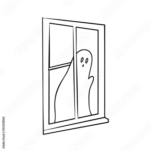 Line Art Ghost in Window Halloween Cartoon vector