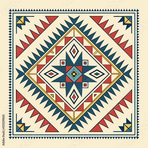 Intricate symmetrical geometric textile pattern with sharp angular shapes