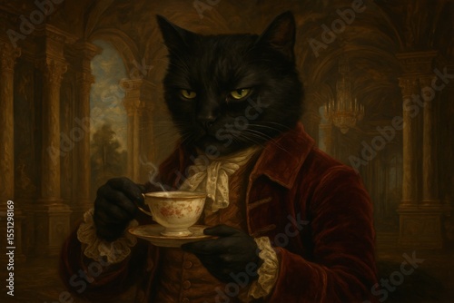 Regal feline enjoying tea in elegant setting - perfect for art and decor