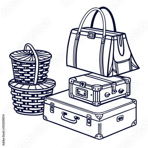 Monochrome line drawing showcasing an assortment of vintage travel items