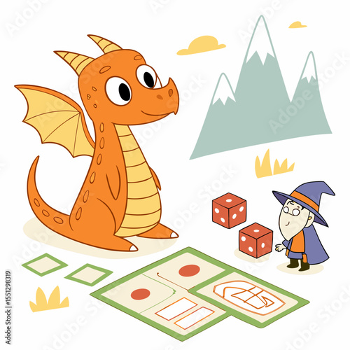 Orange Dragon and Young Wizard Playing Board Game in Whimsical Landscape