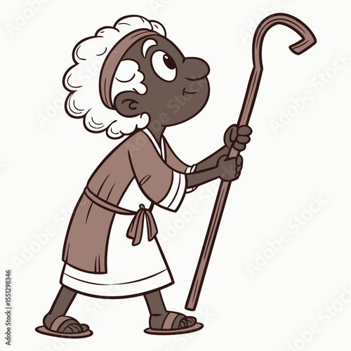 Animated shepherd character illustration holding a staff with peaceful expression