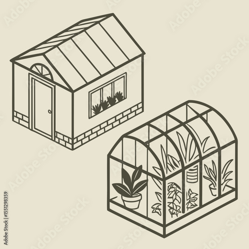 Isometric greenhouse illustrations showcasing garden structure and plant cultivation