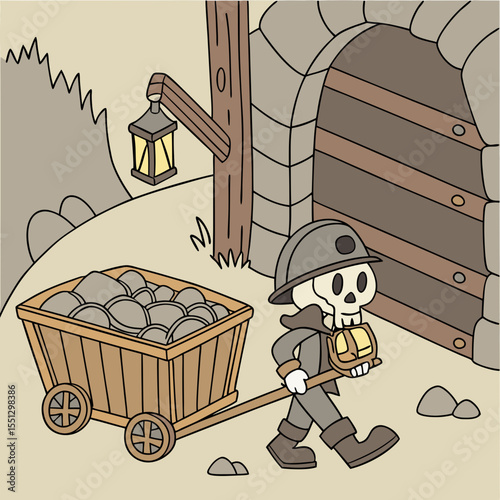 Cartoon Skeleton Miner Hauling Ore from a Mountain Cave Entrance