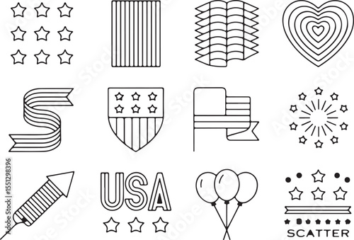 US National Day Celebration and Patriotic Elements Icons Set