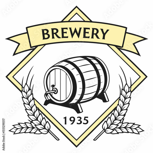 Emblematic brewery logo featuring vintage barrel and wheat accents circa 1935