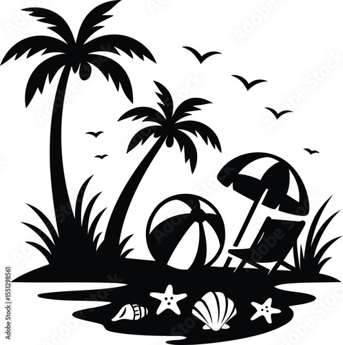 Black and White Beach Silhouette with Palm Trees and Relaxation Elements