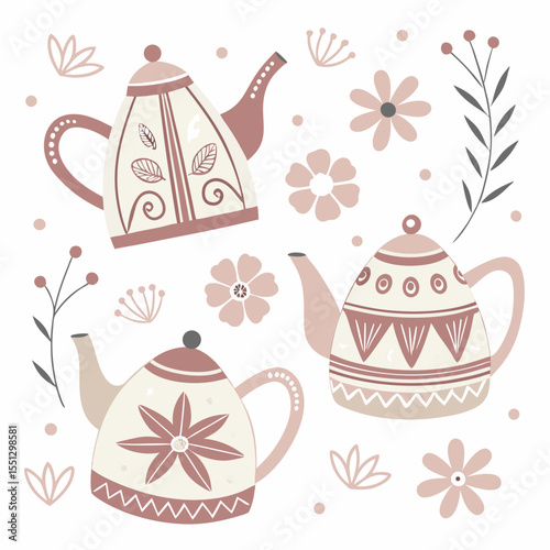 Whimsical teapots amidst floral flourishes, creating a charming illustration