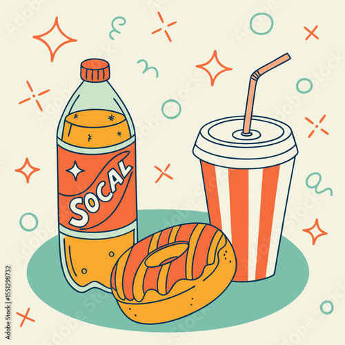 Retro Cartoon Illustration of a Donut, Soda Bottle and Striped Drink Cup