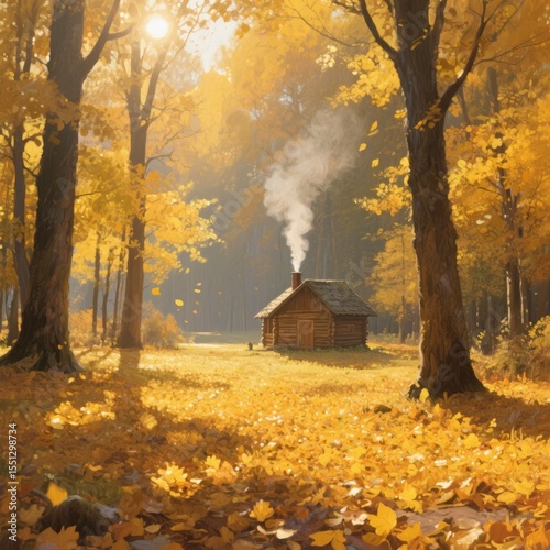 Cozy Cabin in an Autumn Forest with Smoke Rising from the Chimney