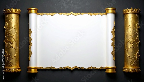 Luxury Ornate Golden Scroll with Blank White Center on Elegant Black Background – Royal Vintage Banner Template