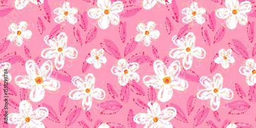 Seamless vector floral pattern featuring white abstract daisy like flowers with textured brush strokes on a vivid pink background. Template for textiles, wallpapers, packaging, and kids decor