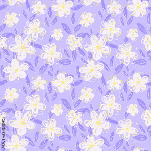 Seamless floral vector pattern with hand drawn soft flowers and leaves on a pastel purple, violet background. Artistic and playful design for textiles and kids products, spring or summer theme