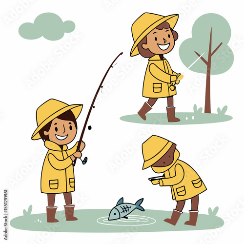Happy Kids Outdoor Adventures: Fishing Trip with a Cheerful Cartoon Illustration