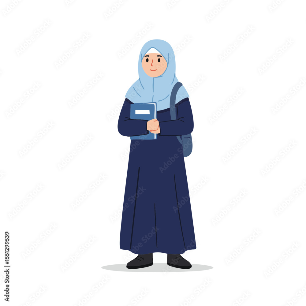Muslim Schoolgirl with Backpack and Textbook, Flat Icon Muslim Schoolgirl with Backpack and Textbook, Flat Icon