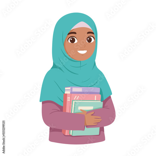  Shy Muslim Girl Hugging School books, Flat Vector Icon