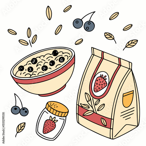 Hand-drawn wholesome breakfast illustration featuring oatmeal, berries, and strawberry preserves