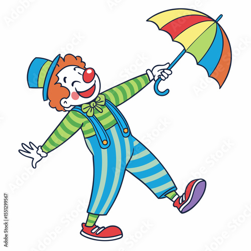 Animated clown with a joyful expression holding a vibrant rainbow umbrella