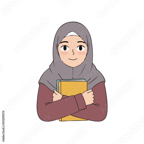 Smiling Muslim Girl with Stack of Schoolbooks, Flat Icon