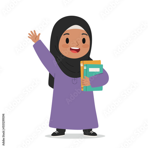 Muslim Girl Raising Hand While Holding Books, Flat Icon