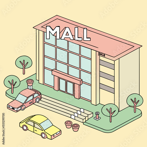 Isometric Shopping Center Illustration with Cars and Trees in Pastel Colors
