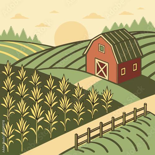 Idyllic rural vista featuring a red barn, rolling hills and cultivated fields