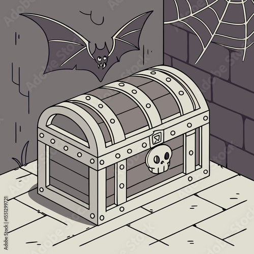 Cartoon illustration of a spooky treasure chest, bat, and cobweb in grayscale