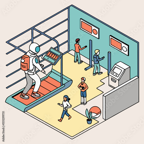 Isometric illustration depicting futuristic gym with astronaut exercising on treadmill
