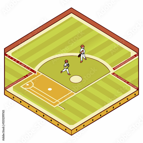 Isometric baseball field illustration showcasing teamwork and competitive sport