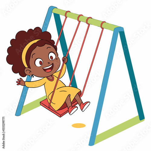 Joyful african american girl on a swing set in a playful cartoon scene