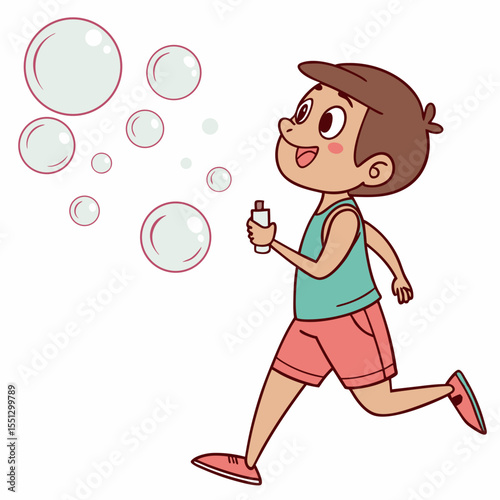 Joyful boy playfully blowing bubbles, running carefree in delightful illustration