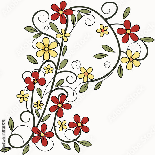 Floral embellishment: Elegant flourish of red and yellow flowers with swirling tendrils