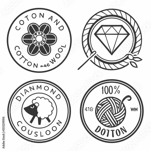 Elegant textile emblems presenting cotton wool diamond and unique yarn compositions