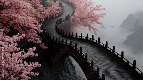 A serene pathway through cherry blossoms amidst a foggy landscape, evoking tranquility.