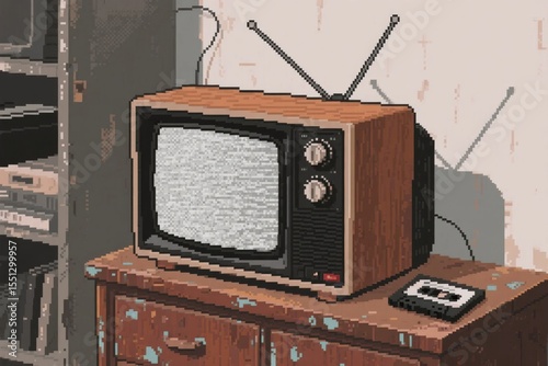 Retro Television Displaying Static on a Wooden Stand