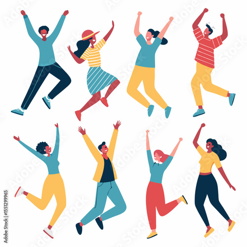 Diverse group joyfully leaping, celebrating success and expressing happiness