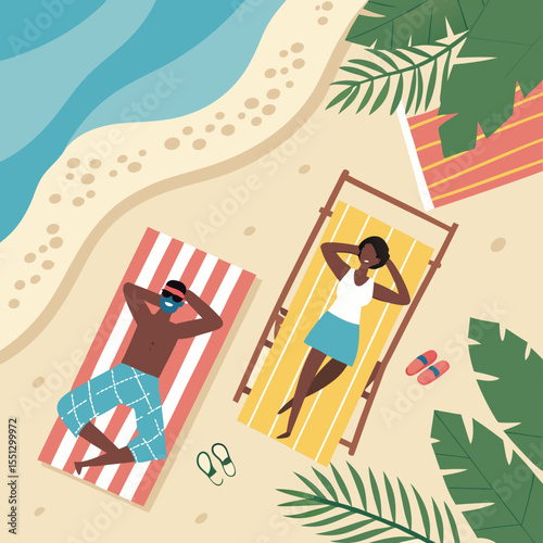 Stylized illustration depicting a couple relaxing on a sandy beach enjoying their vacation