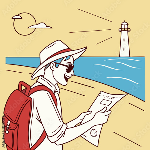 Coastal Explorer Navigating with Map Near Lighthouse in Sunny Vector Graphic