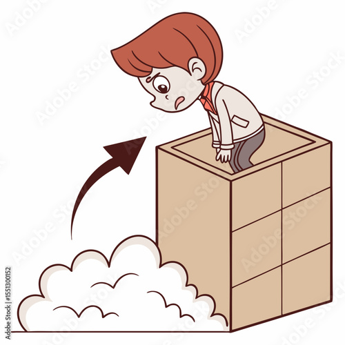 Cartoon character contemplating leap from precarious box, facing an uncertain descent