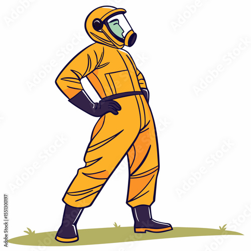 Vector illustration of a worker in a bright protective hazmat suit standing tall