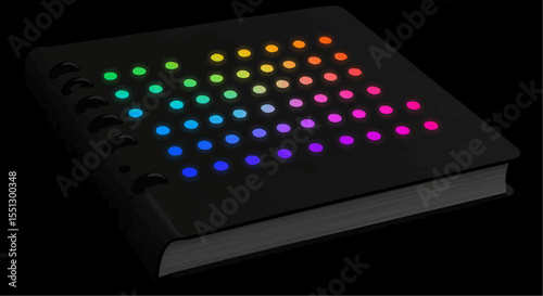 A black notebook with a colorful light pattern.
