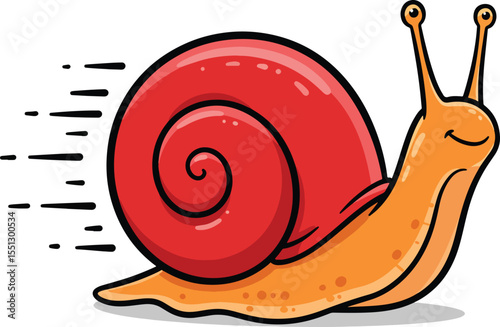 Vector art of a happy cartoon snail in orange and red, moving quickly