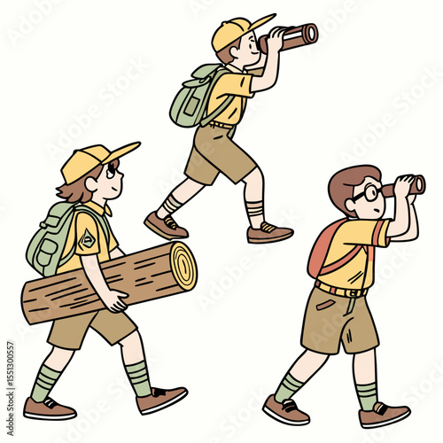 Illustrated group of young scouts exploring nature during an outdoor adventure